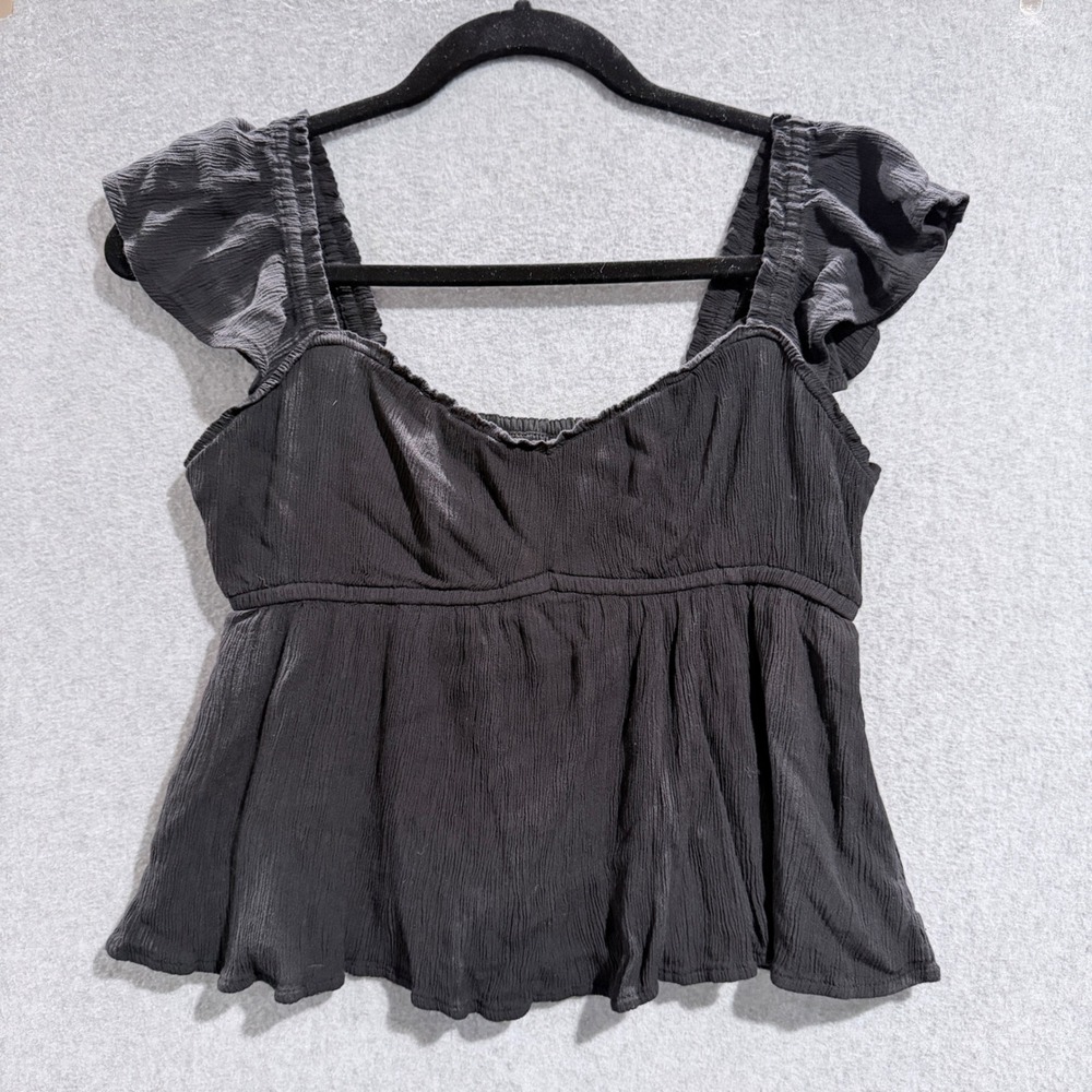 Festival Hollister Womens Black Flutter Sleeve Smocked Babydoll Peplum Top Small